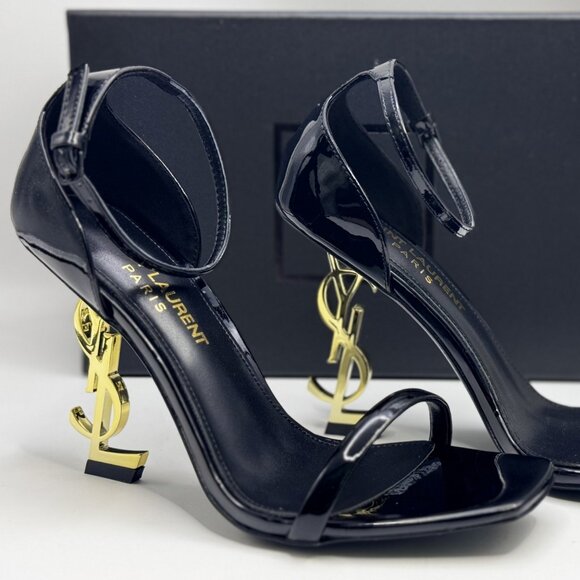 Saint Laurent Black Leather High Heels with Sculptural Branding - Picture 1 of 5